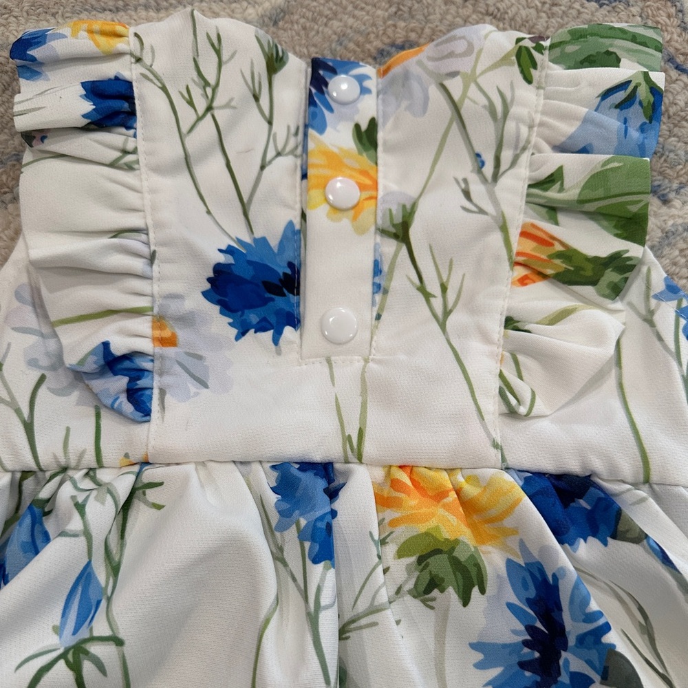 Floral Ruffle Baby Dress - White, Blue, Yellow - Picture 5 of 6